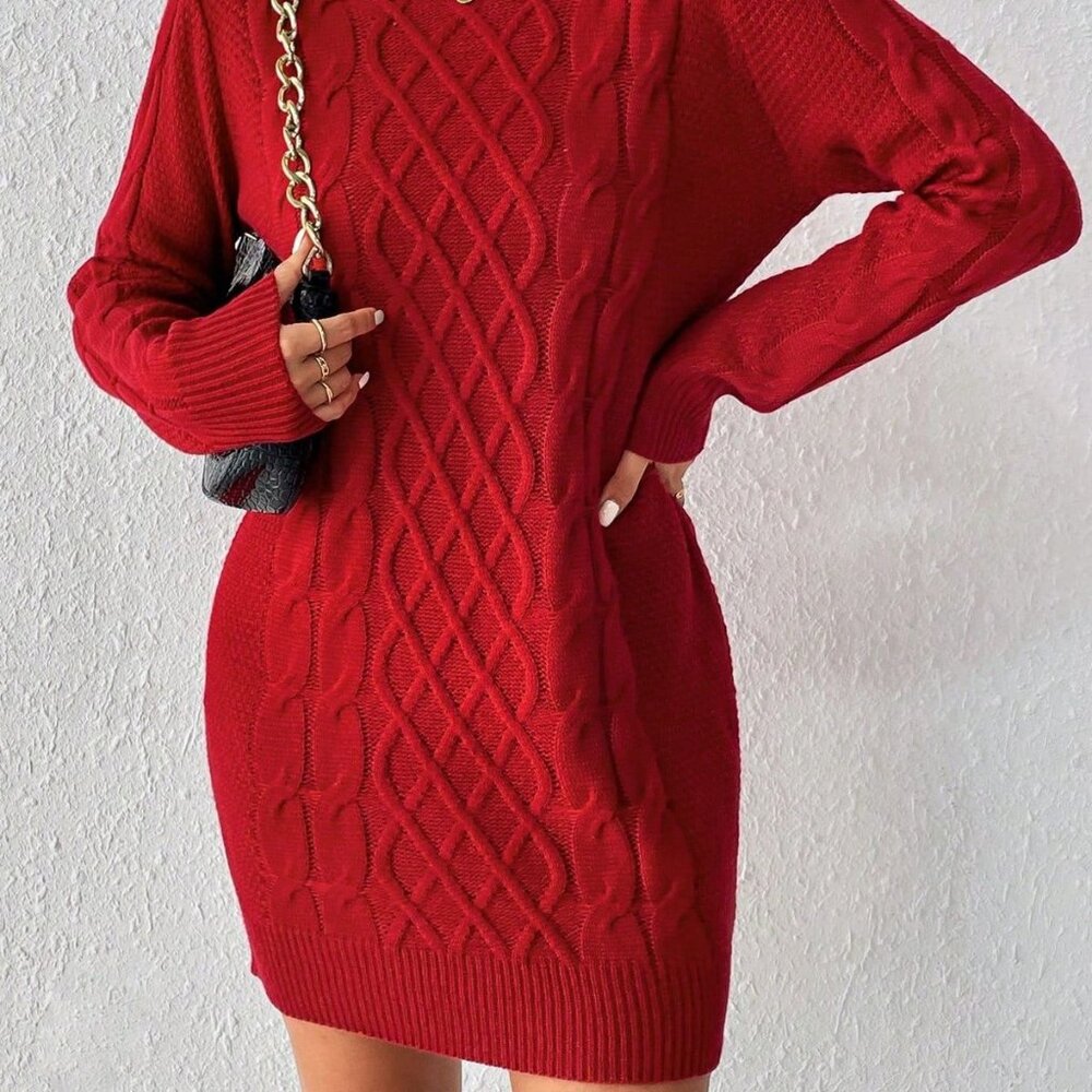 NWT Cable Knit Round Neck Sweater Dress - Long Sleeve, Knee Length, Slim Fit (L)